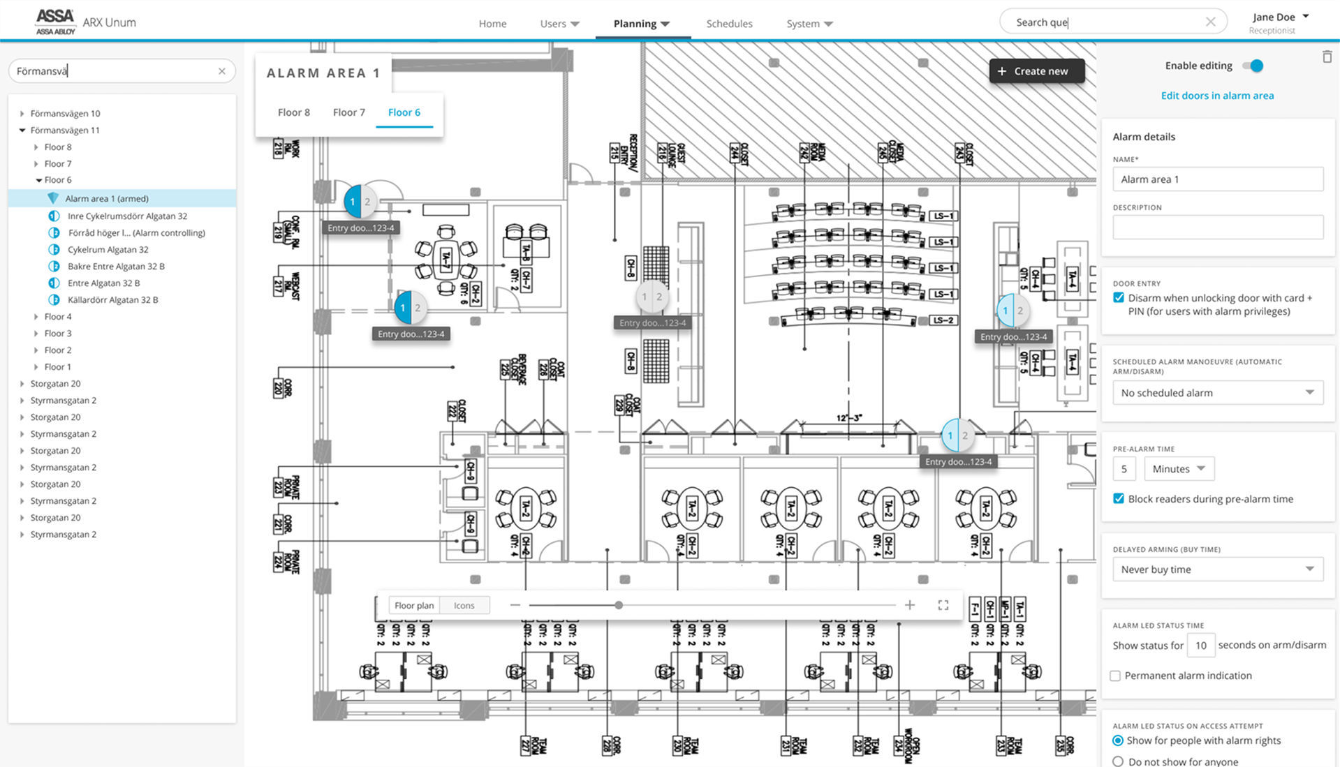 ASSA ABLOY access-control interface showing alarm areas on a floor plan