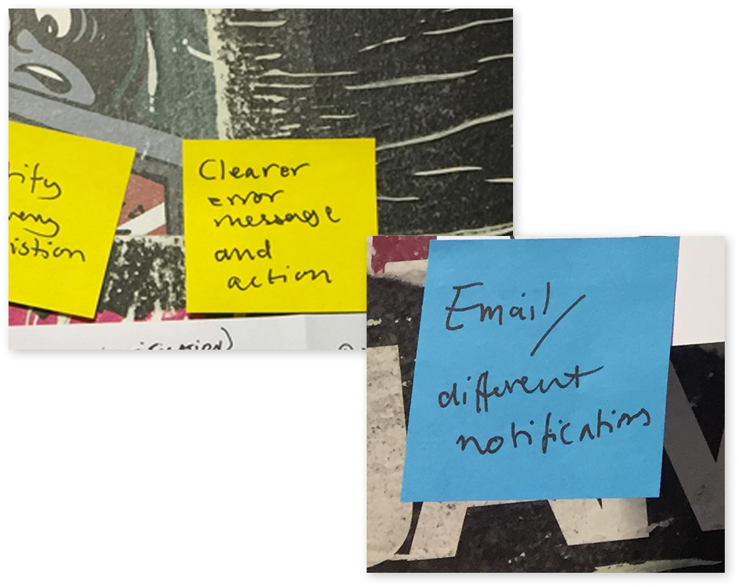 Sticky notes from a workshop about clearer error messages and email notifications