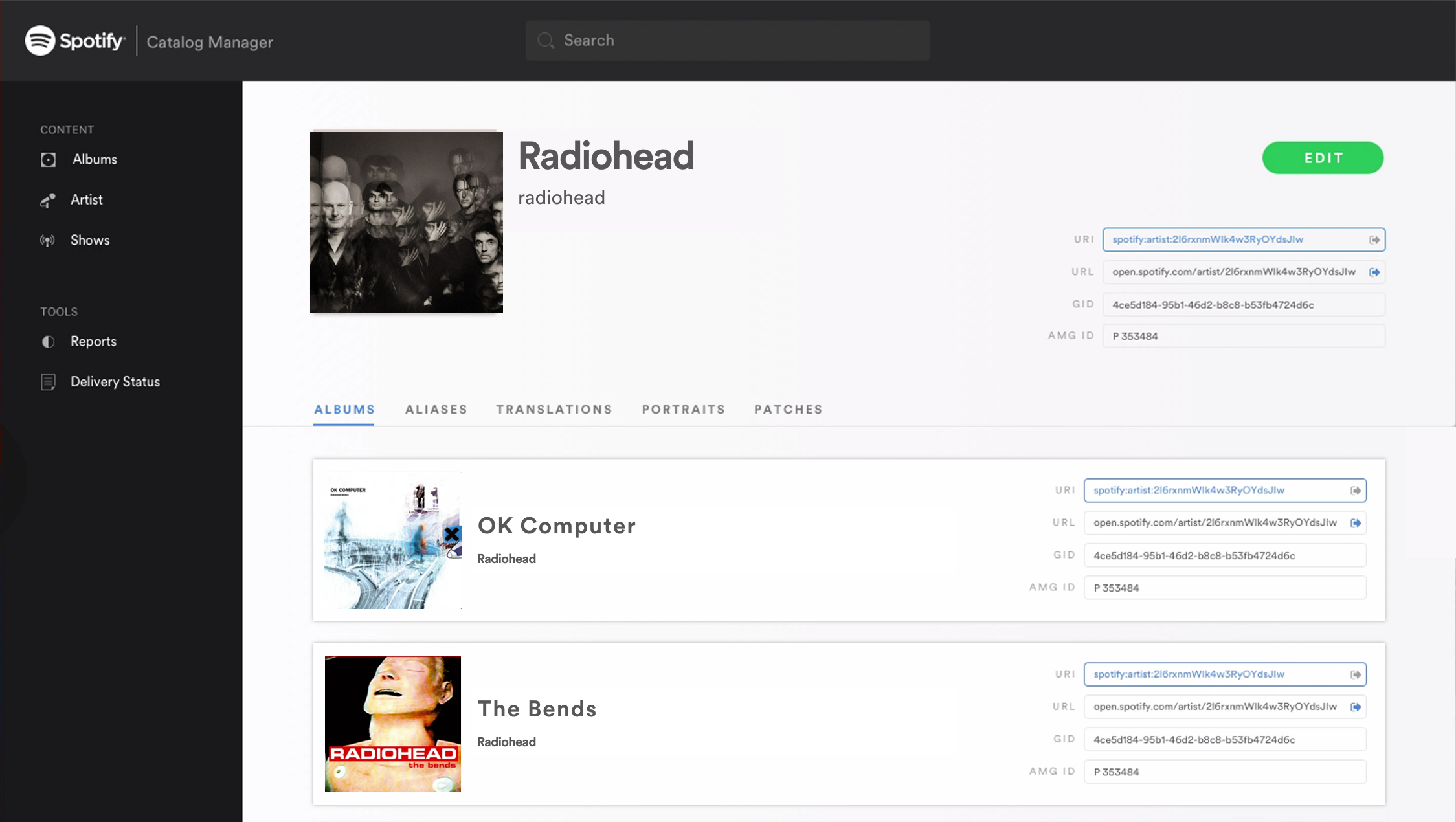 Spotify Catalog Manager artist view