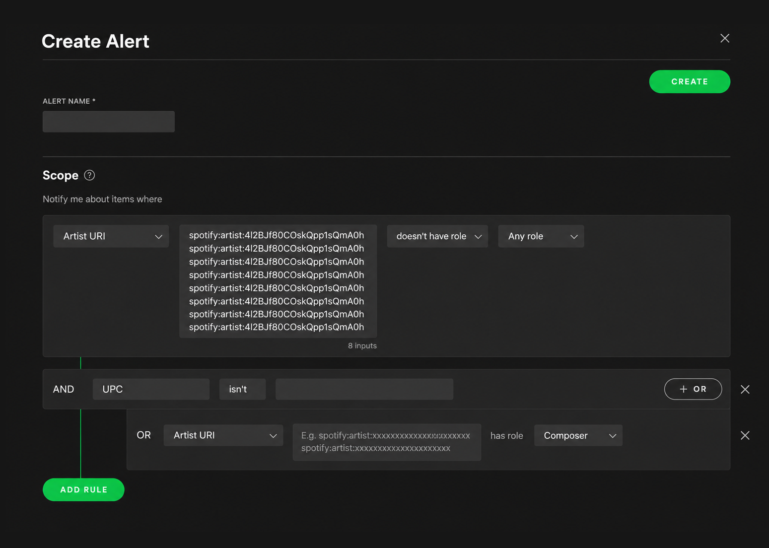 Advanced query builder for creating alerts across catalogue content