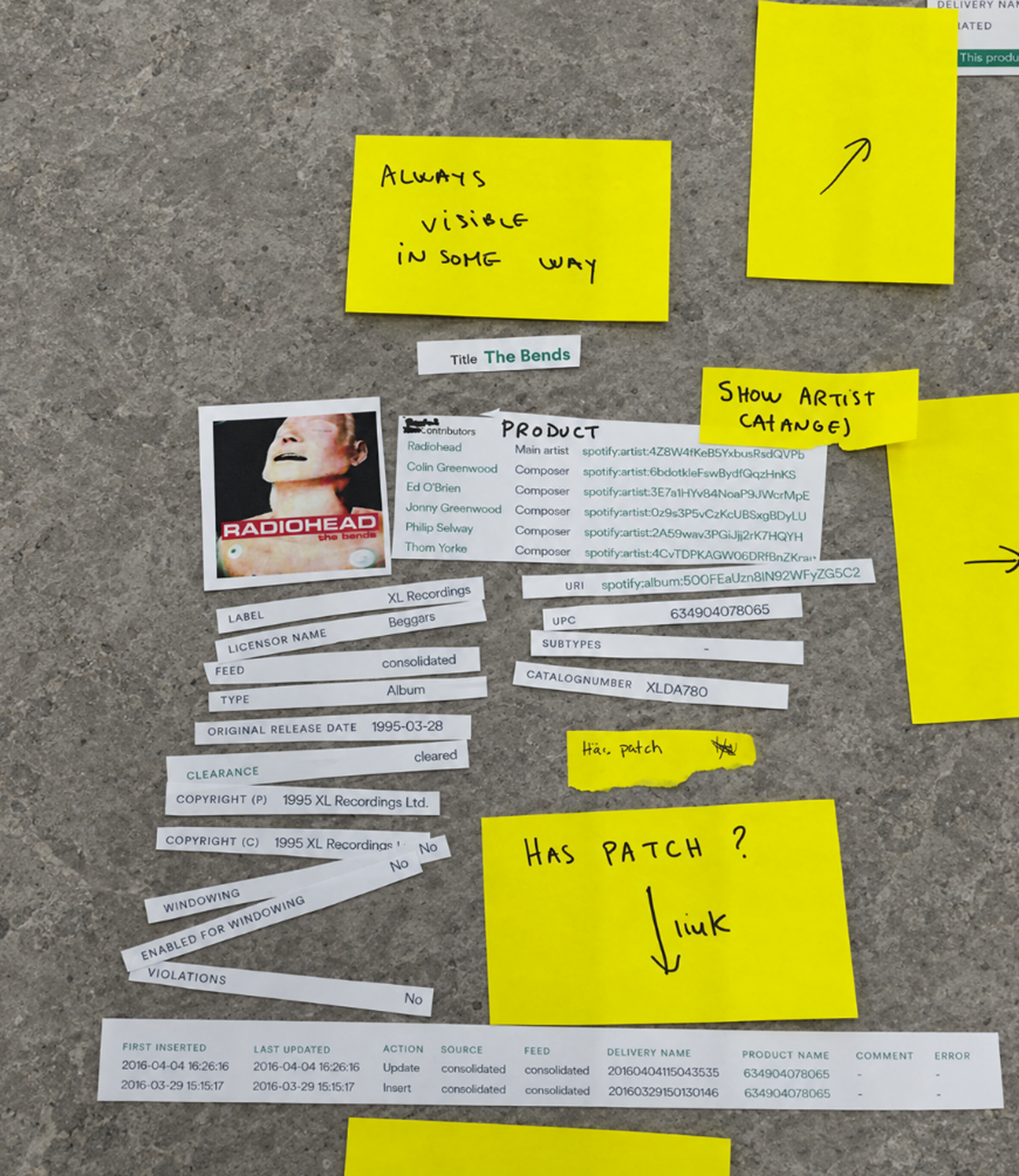 Workshop wall with notes and printouts used to synthesise research